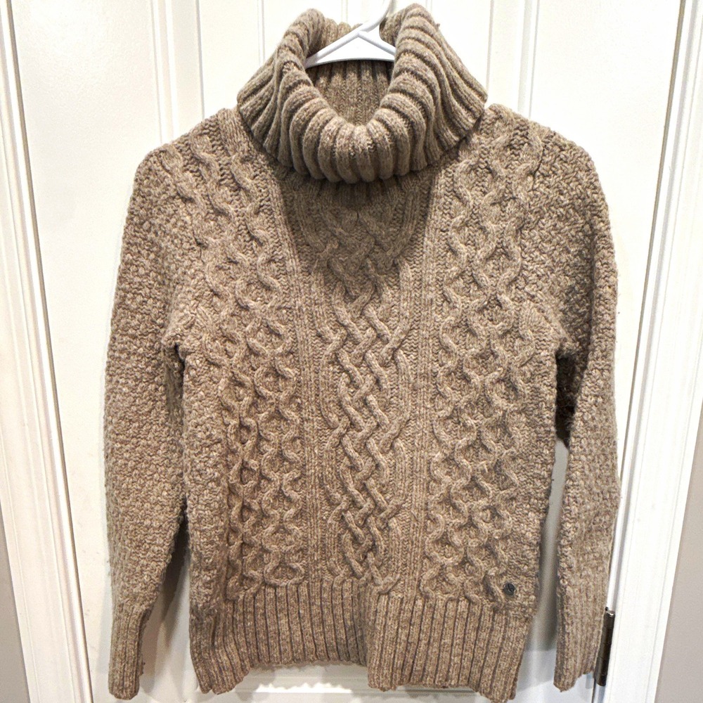 Eddie Bauer Women's Petite PM Beige Wool Cable-Knit Turtleneck Pullover Sweater